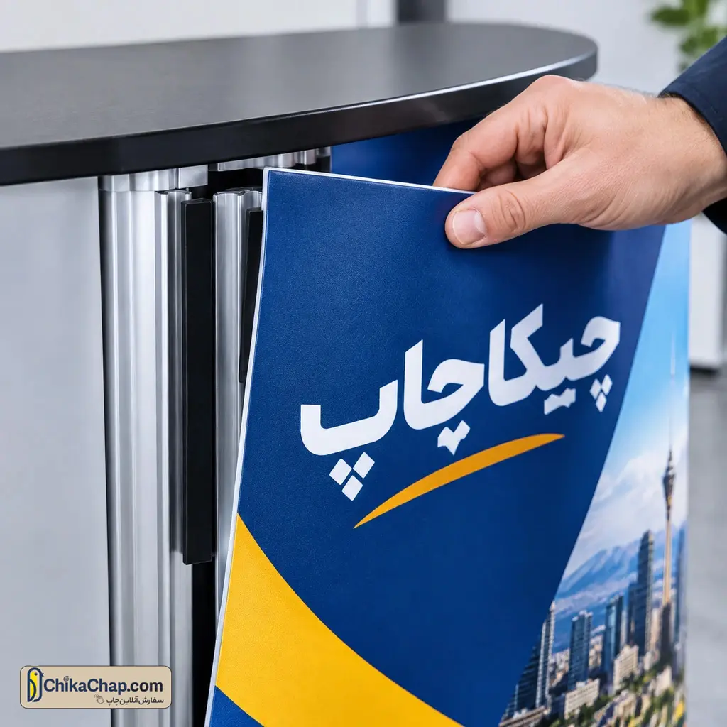 نحوه نصب و تعویض چاپ استیکر و مگنت دور میز نمایشگاهی با روکش لمینت ضدخش